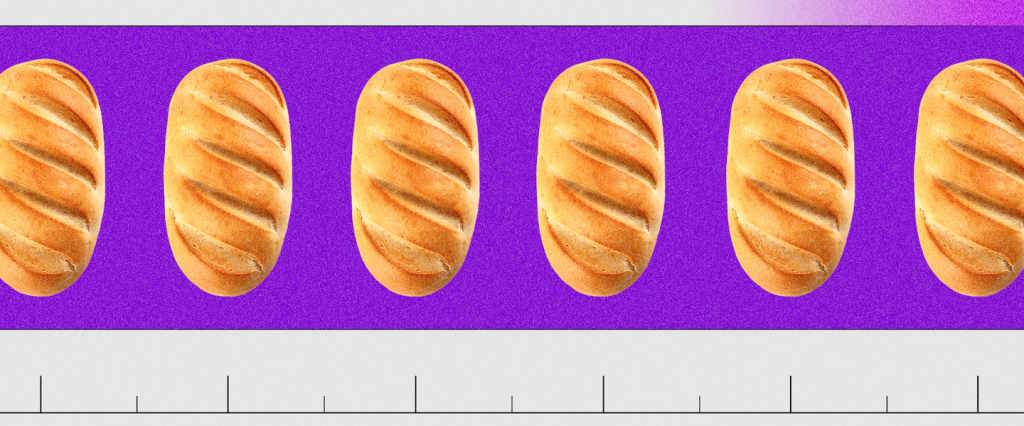 Inflação: imagem de váiros pães enfileirados sobre um fundo roxo, com uma linha do tempo passando por baixo
