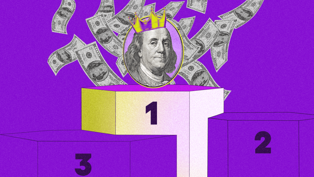 Maiores loterias da história: ilustração de notas de dólar voando em torno de um pódio. A ilustração está em um fundo roxo.