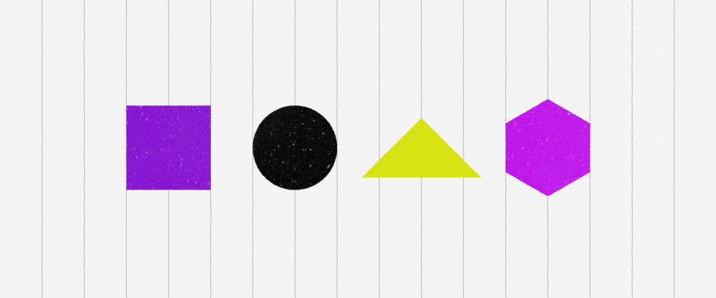 Quem tem direito ao Auxílio Brasil: no fundo off white, ilustração digital de um quadrado roxo, um círculo preto, um triângulo amarelo e um hexágono rosa alinhados na horizontal no centro.