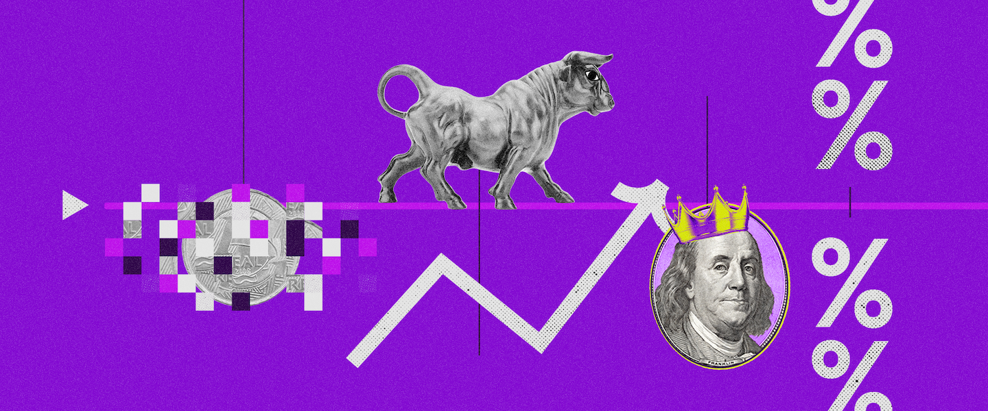 Retrospectiva 2021: no fundo roxo, ilustração digital de uma moeda, um touro e um homem com coroa e uma seta subindo.