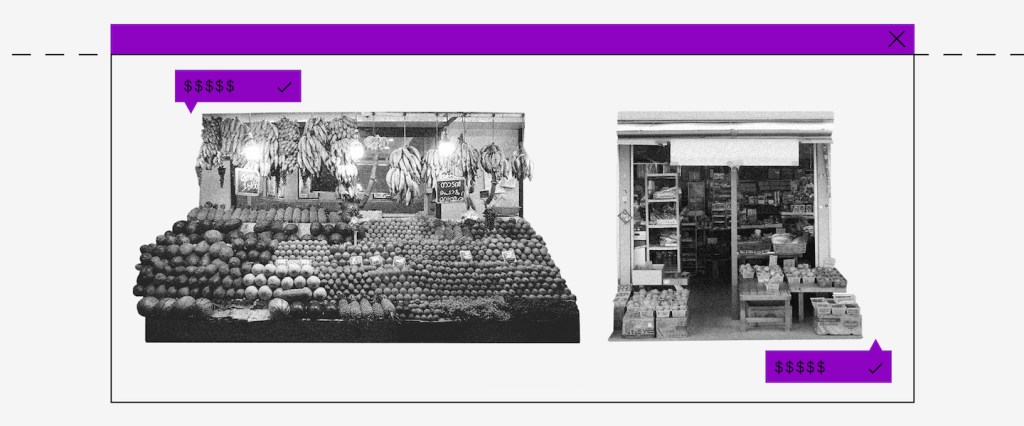 Trabalho informal: colagem digital da fotografia em preto e branco de uma banca de frutas e de uma loja no fundo branco.