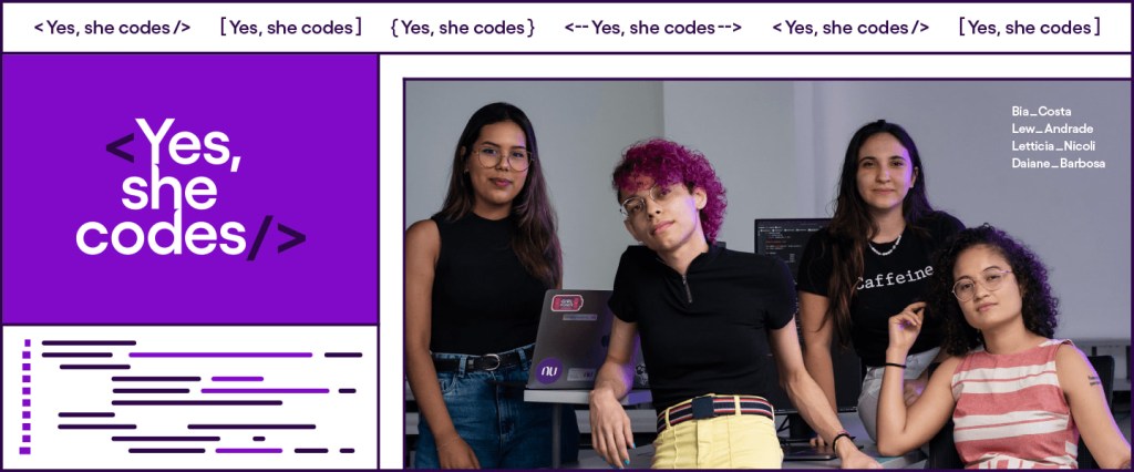 Foto de 4 mulheres (uma trans) ao lado de um espaço escrito Yes, she codes; em uma espécie de página de site.