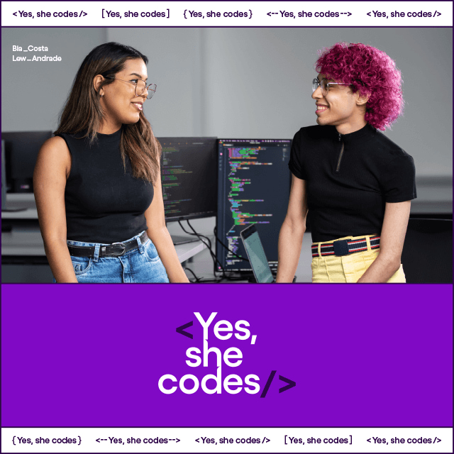 Foto de 4 mulheres (uma trans) ao lado de um espaço escrito Yes, she codes; em uma espécie de página de site.