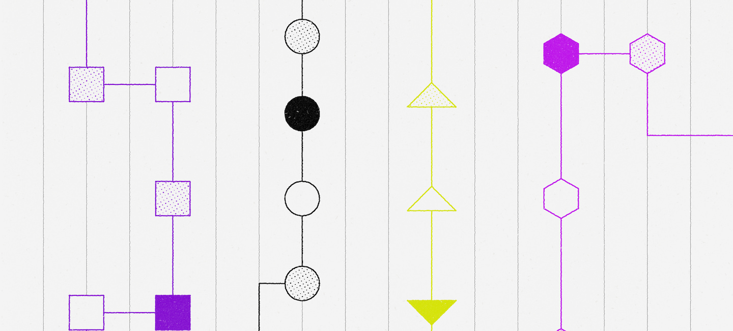 ilustração em fundo branco, com círculos, triângulos e quadrados coloridos se conectando