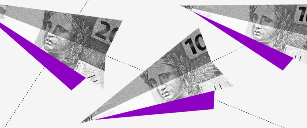 IR 2022: ilustração de origamiis no formato de avião de dinheiro com fundo roxo