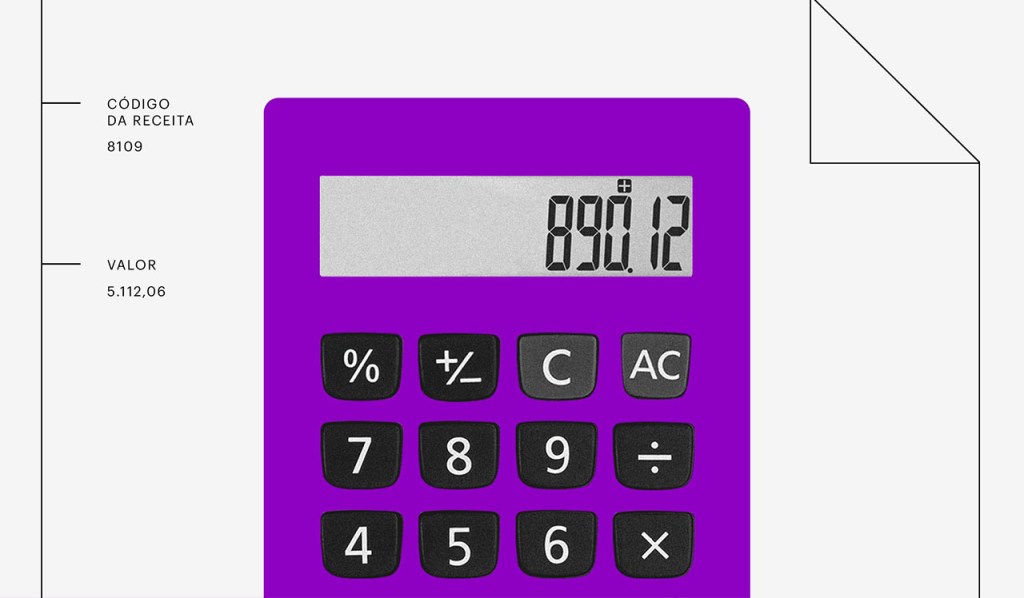 Plano de contas - ilustração de uma calculadora roxa. Na tela é exibido o número 890.12.