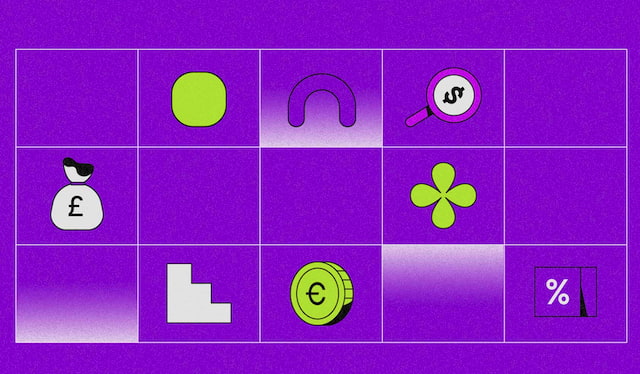 7 investimentos sem Imposto de Renda: quando vale a pena escolher? Ilustração de quadrados com símbolos financeiros e trevos da sorte em roxo e verde.