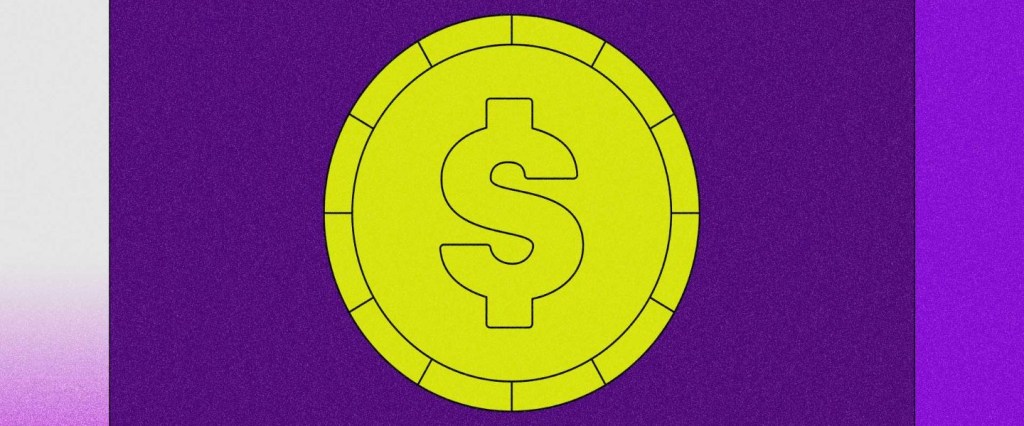 declarar poupança no ir: ilustração de uma moeda amarela com cifrão e fundo roxo.