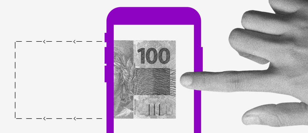 Como receber a restituição do Imposto de Renda 2022 com Pix? Ilustração de um celular roxo com uma nota de cem reais na tela. Dedo indicador tocando a tela com mão à direita da imagem.