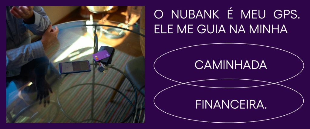 imagem de uma mesa com cartão nubank, celular, chave e mãos aparecendo, em um fundo roxo