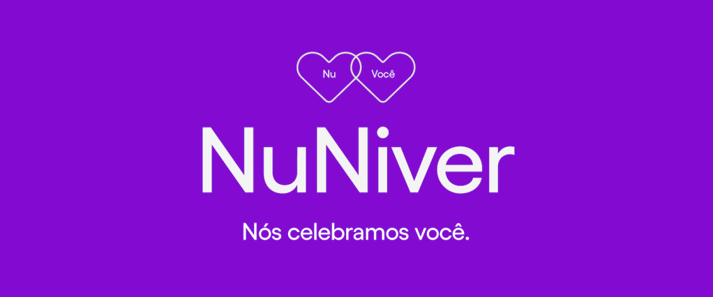 Imagem de fundo roxo. Sobre ela, letras brancas escrevem: NuNiver. Nós celebramos você. Acima, dois corações estão entrelaçados, um com a palavra Nu no centro e o outro com a palavra Você