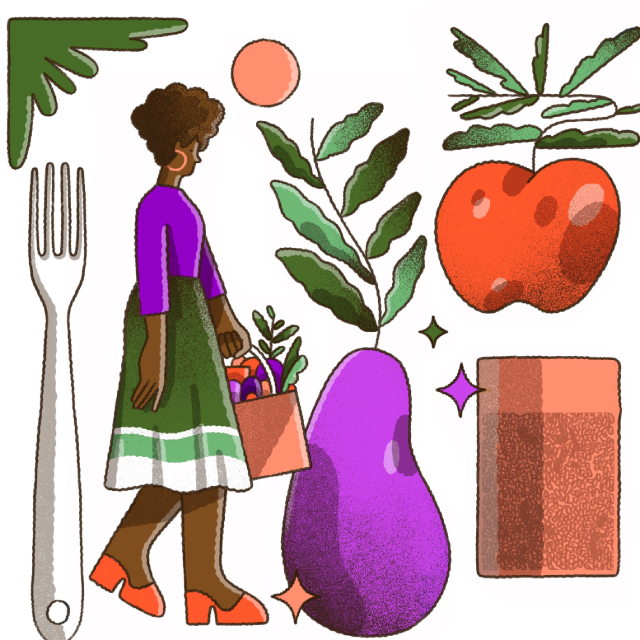 imagem mostra algumas frutas, legumes, prato, garfo e faca, e um homem e uma mulher carregando sacolas com compras da feira.