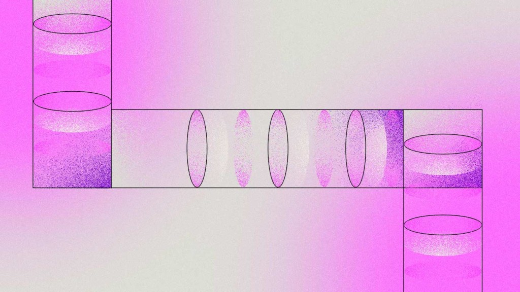 ilustração em tons de rosa claro, branco e lilás, três tubos com alguns círculos dentro.