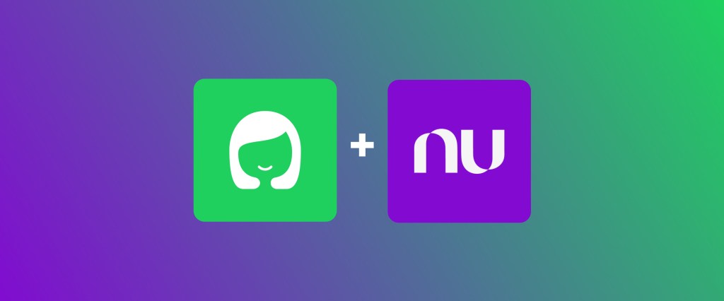 Olivia será integrada ao app do Nubank e deixa de existir separadamente. Entenda. Ilustração do logo da Olivia e do Nubank, lado a lado, com sinal de mais entre eles. Ao fundo, fusão entre as cores roxa e verde.