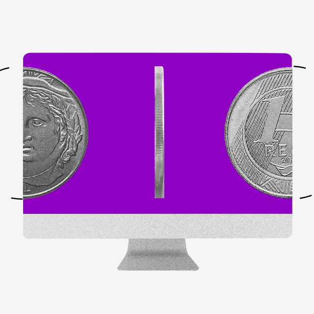 imagem mostra cara e coroa de uma moeda de um real com um fundo roxo Nubank.