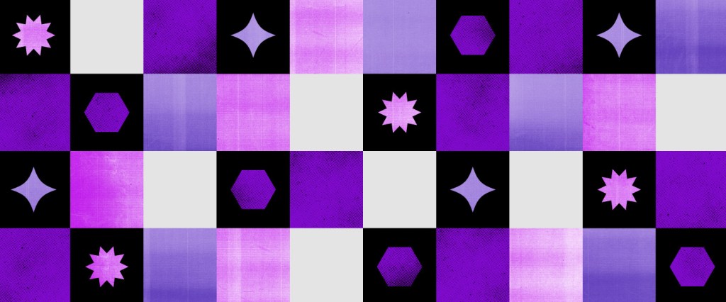 Alerta de golpes da Receita Federal: ilustração de quadrados coloridos em diferentes tons de roxo com pequenos pontos brilhantes dentro deles