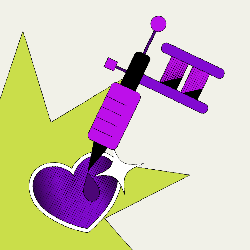 ilustração de um coração roxo com uma agulha de tatuagem em tons de roxo também
