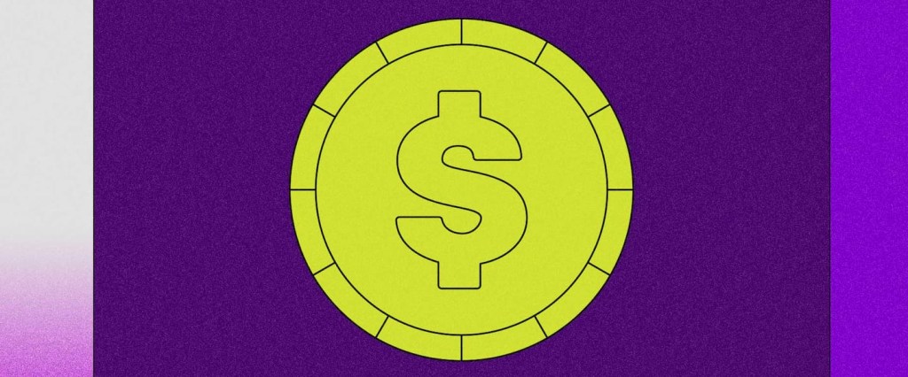 Controle de gastos: como fazer a gestão do seu orçamento? Ilustração de uma moeda verde, ao centro da tela, em fundo roxo.