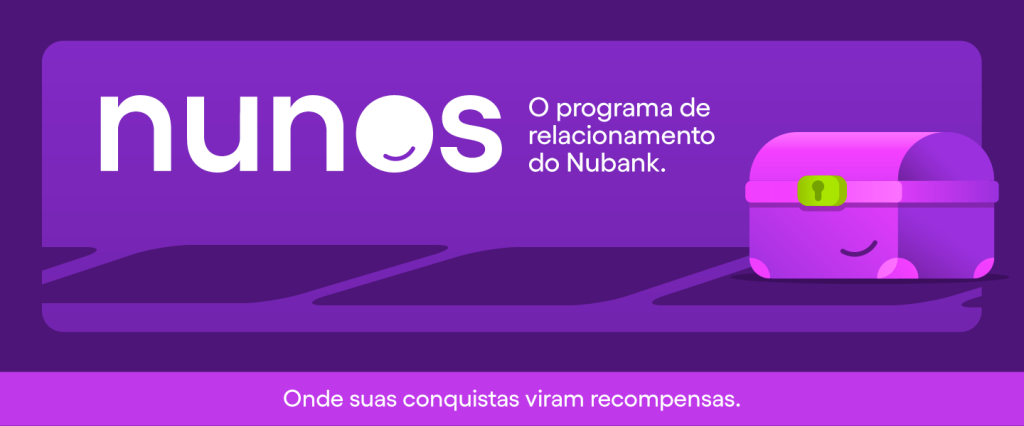 ilustração em tons de roxo escrito Nunos, o programa de recompensas do Nubank.