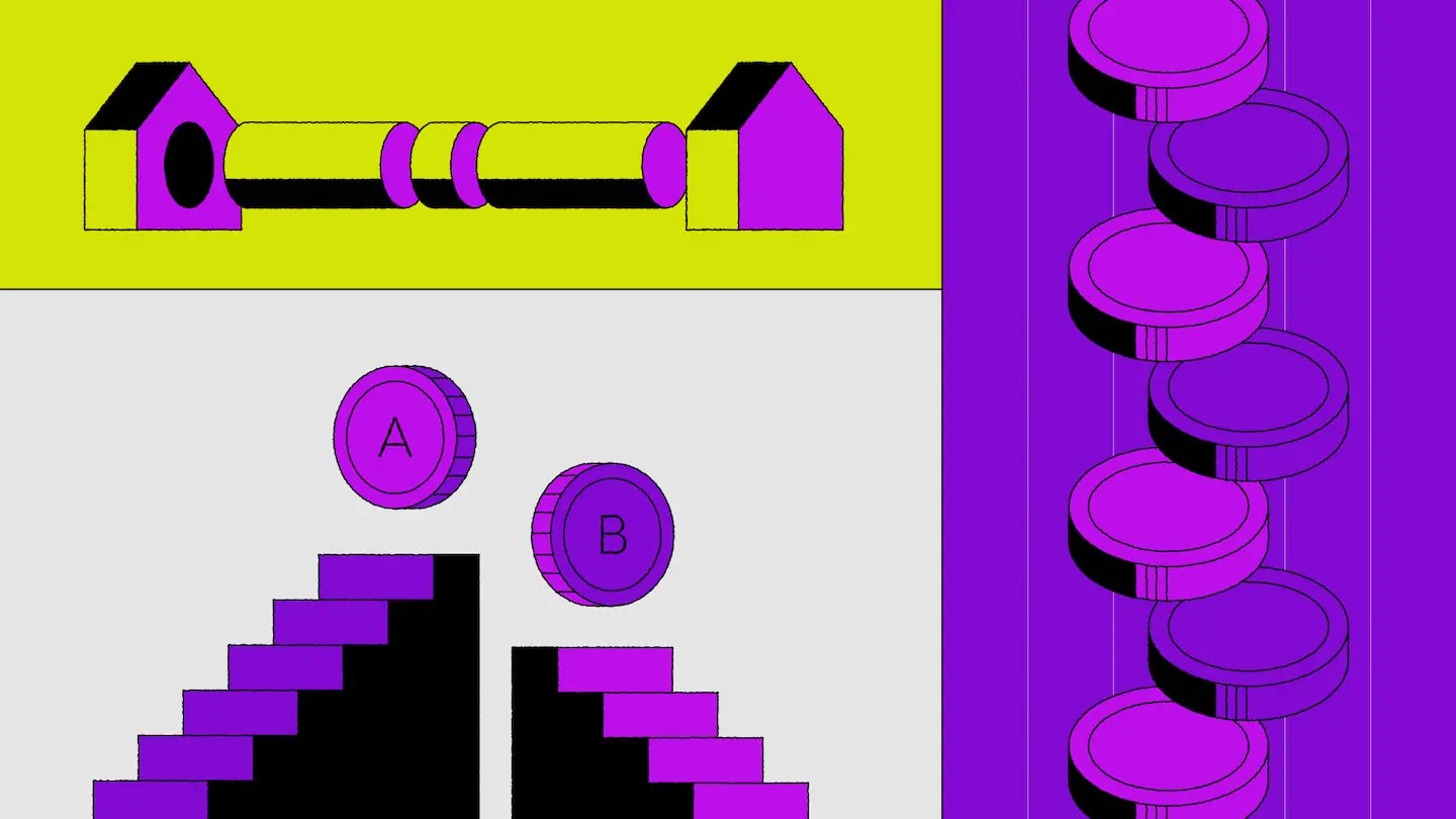 ilustração em tons de roxo, amarelo e branco, com duas casas de conectando, moedas empilhadas e moedas com as letras A e B em escadas.