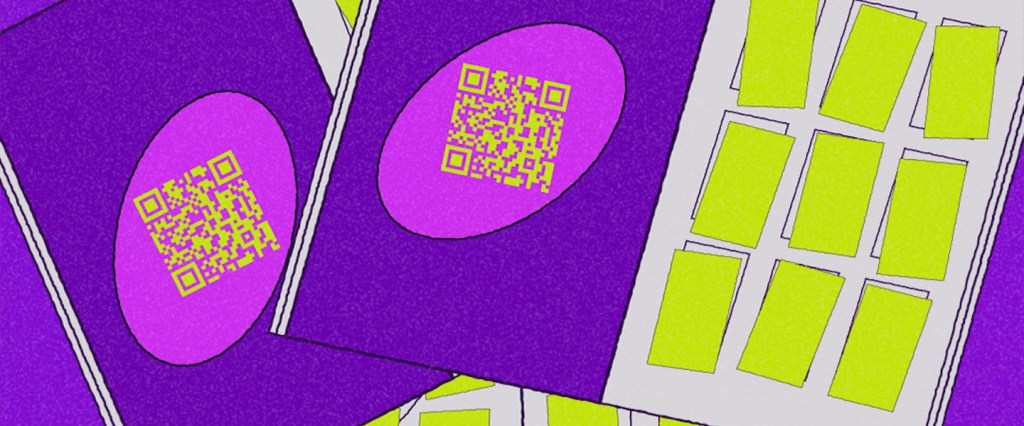 ilustração do álbum de figurinhas em tons de roxo e amarelo com um QR code numa página