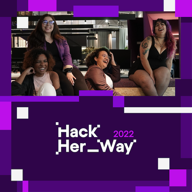 Quatro mulheres do time de Segurança da Informação do Nubank sorriem para a foto. Ao lado delas, lê-se "Hack Her_Way 2022"