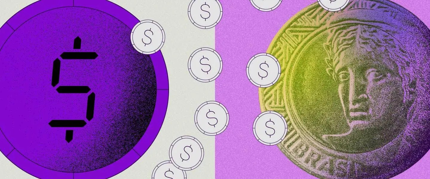 Ilustração de moedas, em tons de roxo, rosa e branco, sendo uma moeda maior à esquerda em roxo e, à direita, uma moeda de um real.