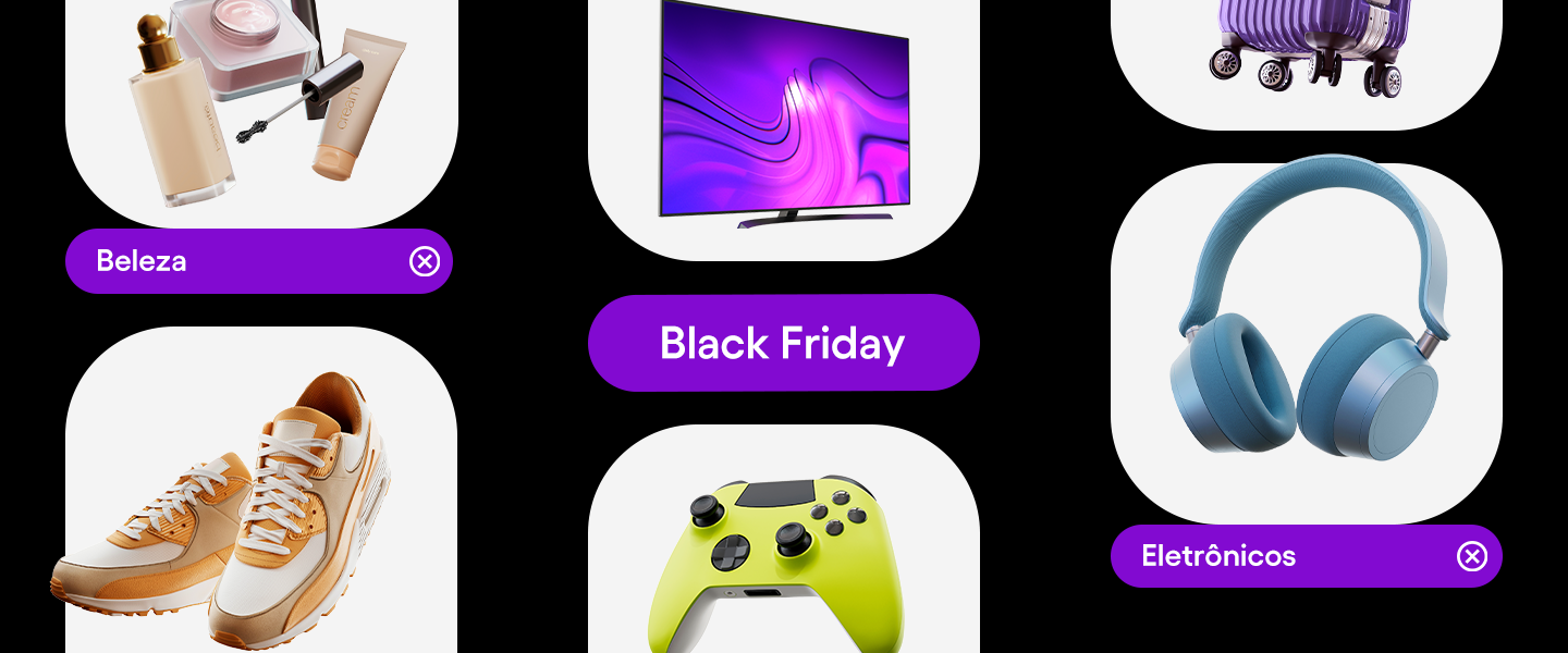 Ilustração com fundo preto e imagens de produtos de beleza, televisão, mala de viagem, tênis, um controle de video game e um fone de ouvido, com escrito Black Friday ao centro, com fundo em roxo. 