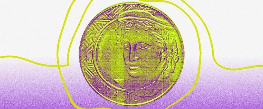 Ilustração em tons de verde e roxo, com uma moeda de um real ao centro da imagem.
