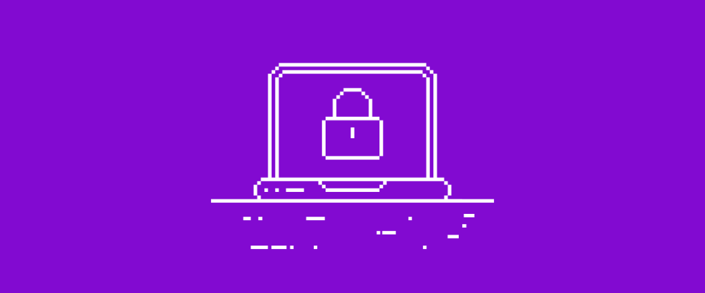 Como saber se um site é seguro: ilustração de um notebook com um cadeado na tela. O desenho é branco e tem aspecto pixelado. O fundo da imagem é roxo.