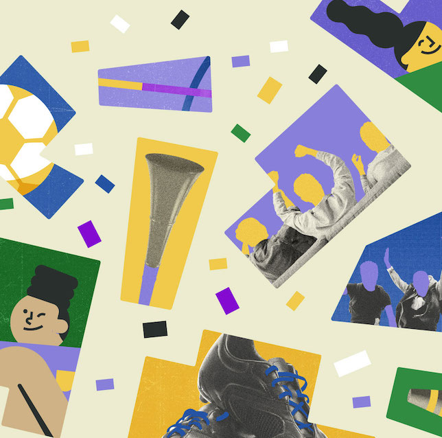 Ilustração com fundo bege mostra várias imagens típicas de Copa, como vuvuzela, chuteira, apito e torcedores.