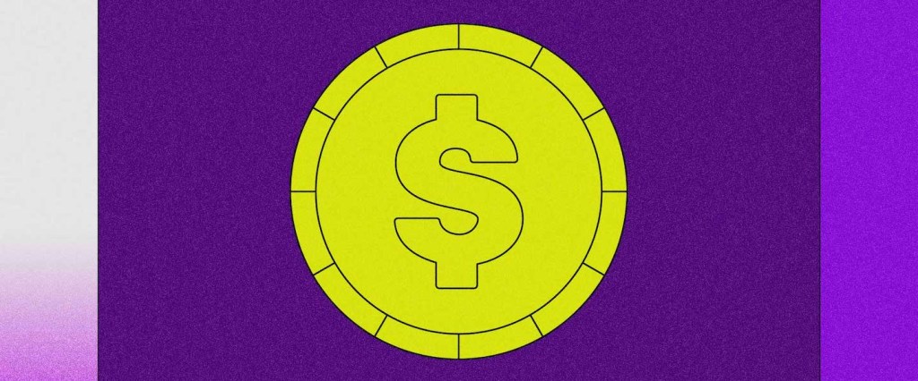Décimo terceiro 2022: ilustração de uma moeda amarela com cifrão no meio em um fundo roxo