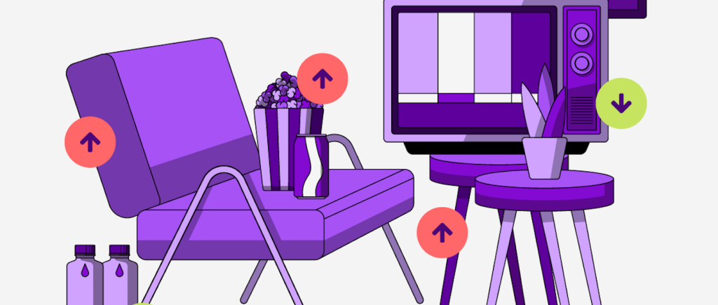 Ilustração com fundo branco mostra uma cadeira, uma televisão, pipoca e outros elementos de casa roxos.