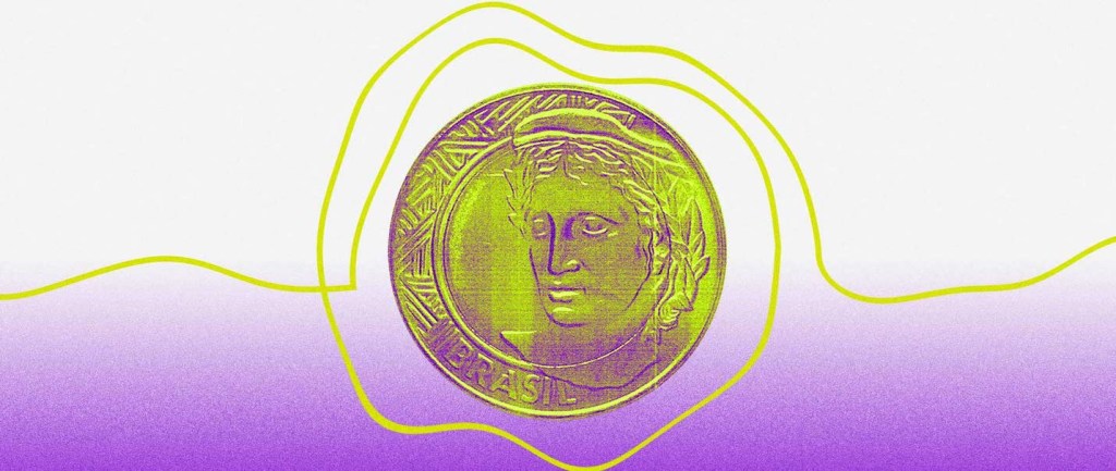 Ilustração com fundo branco em degradê com roxo e que mostra uma moeda de 1 real ao centro rodeada de linhas amarelas.