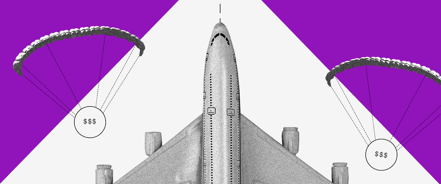 Ilustração com fundo roxo mostra um avião desenhado decolando e asas deltas caindo ao lado, com moedinhas.