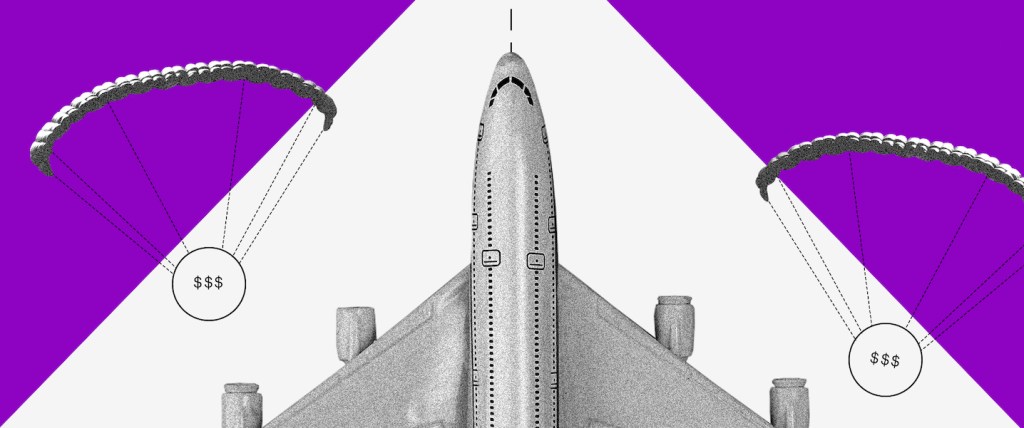 Ilustração com fundo roxo mostra um avião desenhado decolando e asas deltas caindo ao lado, com moedinhas.