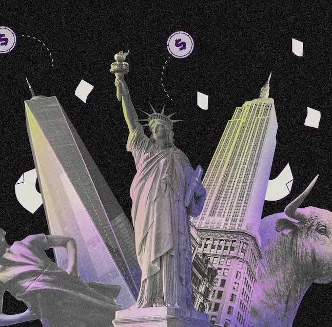 Ilustração com fundo preto mostra símbolos internacionais do mercado, como o touro de wall street, a estátua da liberdade e grandes prédios de Nova York.