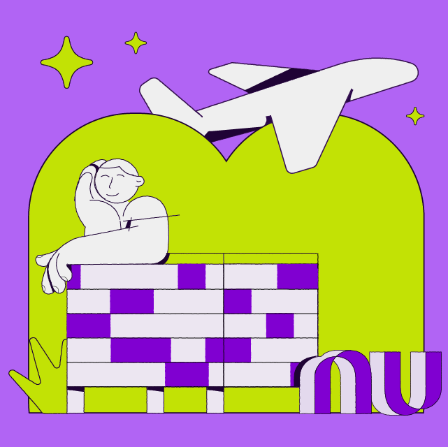 Ilustração com fundo roxo e detalhes em verde-limão mostra uma pessoa perto do prédio do Nubank, o logo do Nu, um avião e a mesma pessoa perto do logo do Nu tirando uma selfie.