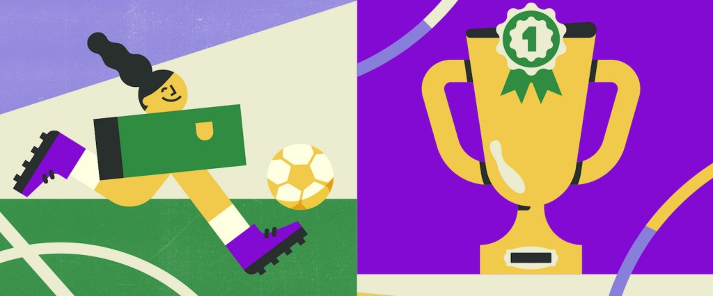 ilustração em tons de roxo, verde e amarelo predominantemente. De um lado um jogador em campo, do outro um troféu de 1o lugar.