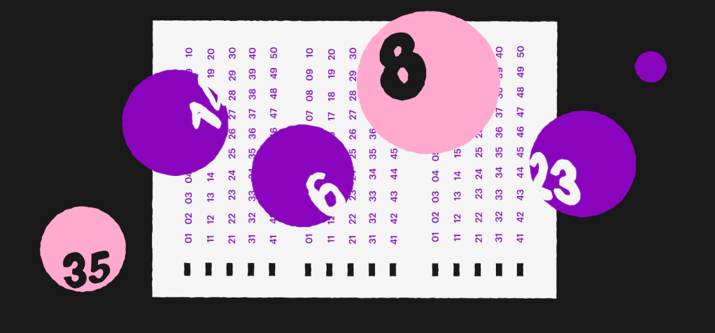 Ilustração de uma cartela de loteria com várias bolinhas roxas e rosas sobrevoando, cada uma com um número