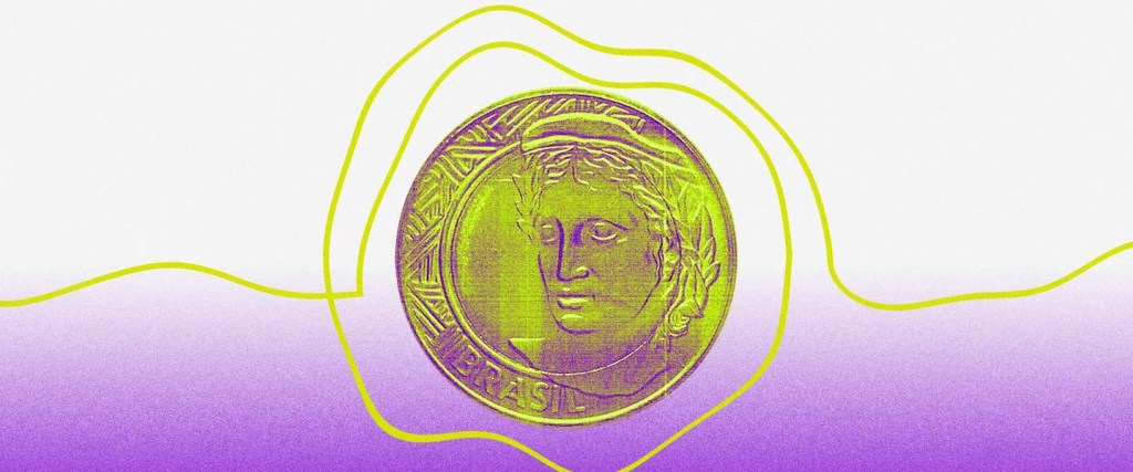 Onde investir - Ilustração com fundo cinza e roxo mostra uma moeda de um real no centro cercada de fios amarelos.