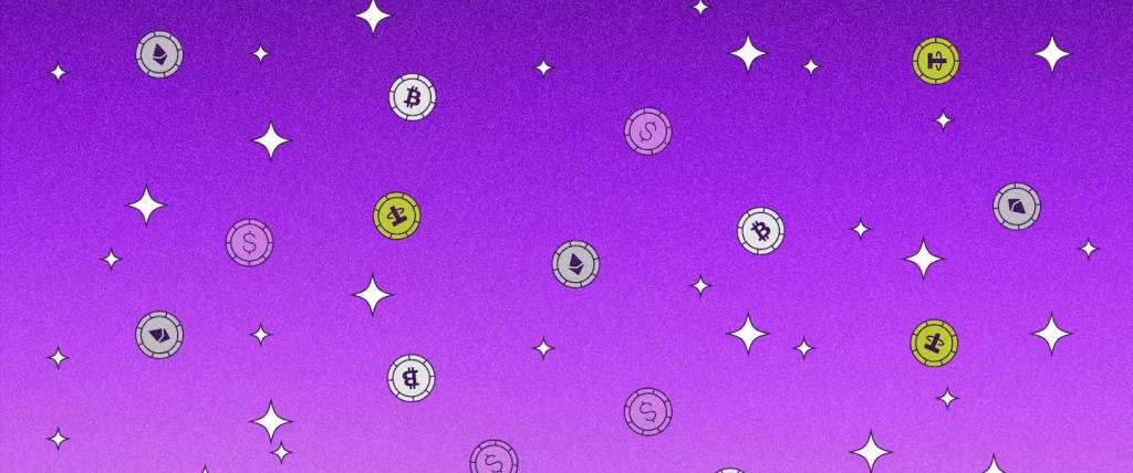 Ilustração com fundo roxo mostra várias moedas digitais, como se fossem estrelas no céu.