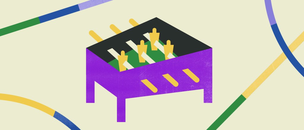 Ilustração com fundo bege e listras verde, amarela e azul mostra, ao centro, uma mesa de pebolim roxa, com jogadores amarelos.