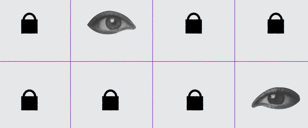 Ilustração com fundo branco e ícones pretos. A imagem está dividida em quadradinhos. Dentro de cada quadrado, há um pequeno cadeado ou um olho aberto.