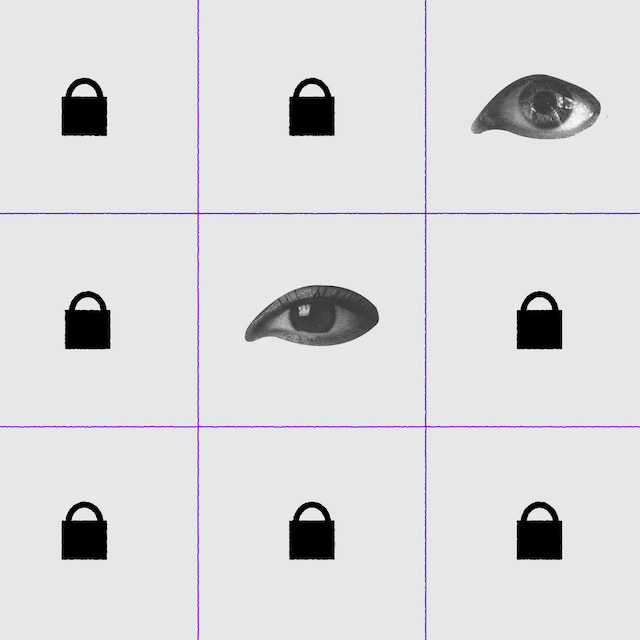 Ilustração com fundo branco e ícones pretos. A imagem está dividida em quadradinhos. Dentro de cada quadrado, há um pequeno cadeado ou um olho aberto.