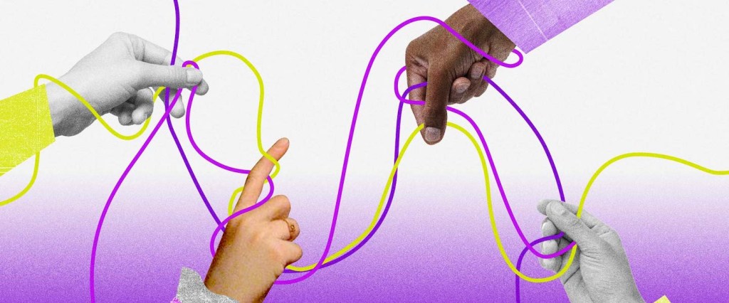 ilustração de 4 mãos segurando em fios coloridos, que se conectam.
