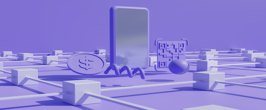 Ilustração em tons de lilás e branco, com um celular ao centro e ícones de dinheiro e QR code ao lado, rodeados por linhas e quadrados interligados
