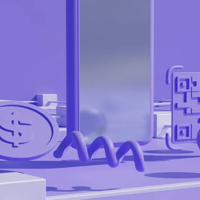 Ilustração em tons de lilás e branco, com um celular ao centro e ícones de dinheiro e QR code ao lado, rodeados por linhas e quadrados interligados