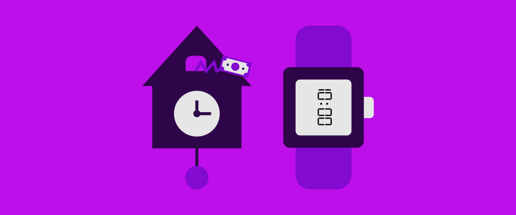 Na ilustração aparece um relógio tipo cuco e, ao lado, um relógio digital, ambos sobre fundo roxo