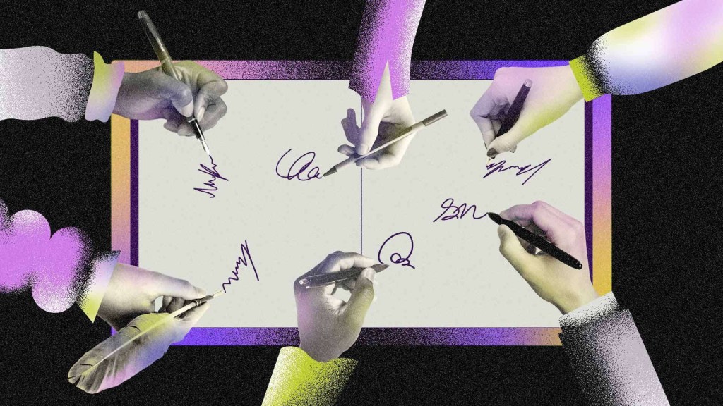 Na ilustração aparece uma espécie de caderno ao centro com diversas mãos diferentes fazendo assinaturas à sua volta